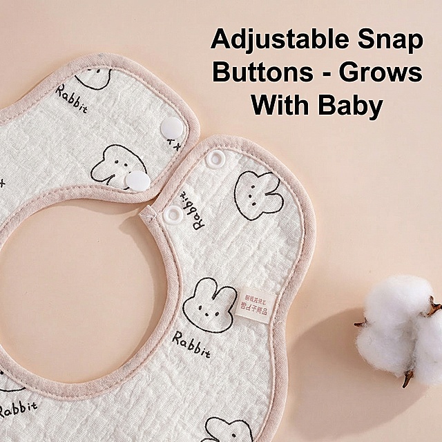 Product: 100% Pure Cotton Baby Bib. Keep product 100% same as original, no change to appearance. This page shows the adjustable snap buttons feature, close up on the button area, soft neutral background. Text: "Adjustable Snap Buttons - Grows With Baby" in large prominent English, placed on blank area, not covering product. Single image per page, slice layout, product complete.