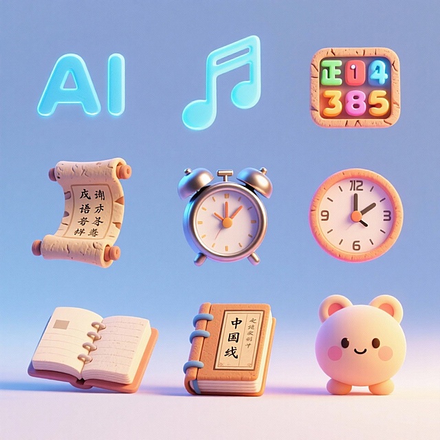 icon图标设计，图标顺序依次是:AI大模型，音乐，成语接龙，闹钟，记事本，倒计时，正计时，时钟，国学经典，可爱卡通，3D，立体感，颜色统一