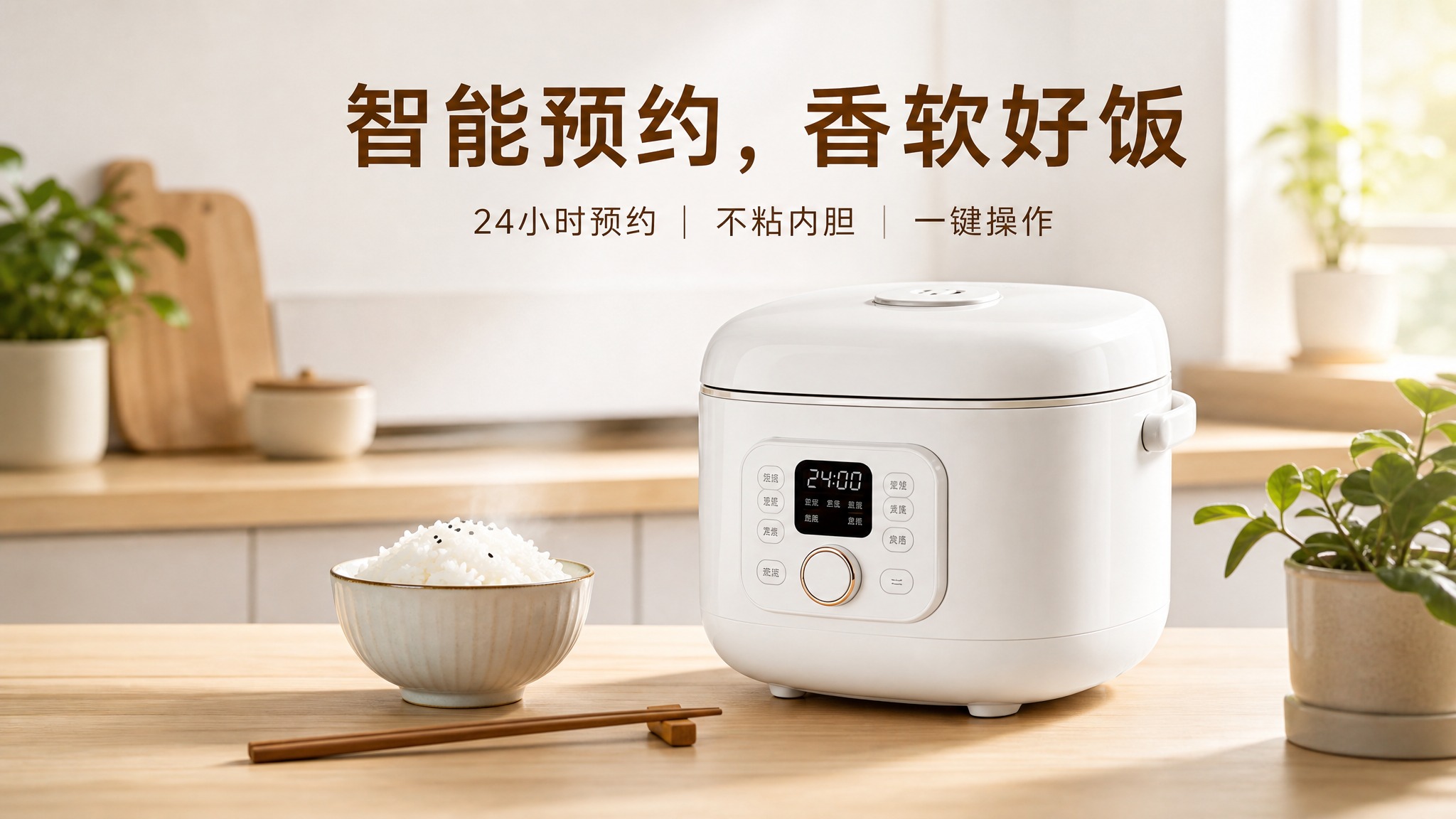 现代简约风格的电饭煲电商海报，主色调为白色和浅木色，营造温馨家… - 图片创意预览
