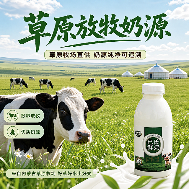 [主图-2] 奶源卖点-草原放牧奶源产地展示。本张使用【图1】作为产品包装辅助展示。
[氛围风格] 自然草原牧场风，淡绿色+天蓝色调，开阔纯净感，商业摄影质感。
[画质] 商业摄影质感、光线柔和通透、产品清晰真实、画面干净高级。
[元素] 画面上半部分为辽阔的草原牧场全景，蓝天白云下绿色草原一望无际，几头黑白花奶牛在悠闲吃草，远处有白色蒙古包点缀，牧场场景占画面约50%；中景有一头奶牛的特写，毛色光亮，神态悠闲；右下角为产品包装小图，占比约15%，保持产品外观与输入产品图一致；背景为淡绿色渐变，带有阳光光斑和自然气息；画面点缀青草、野花、奶滴等元素。画面满屏无边框。
[光影] 自然草原阳光从上方照射，草原有明暗层次，奶牛毛色有光泽，整体明亮开阔有生命力。
[配色] 全局主色淡草绿色渐变 #E8F5E9；辅助色天蓝色 #81D4FA、奶白色 #FAFAFA、深绿色 #2E7D32、奶牛黑白花色；卡片图标色统一使用淡绿色圆角卡片。
[视角构图] 上下分层构图，上半部分牧场大场景，下半部分奶牛特写+产品，阅读动线从上到下；微俯视角度，景深中等。
[文字版式] 顶部大标题「草原放牧奶源」粗笔刷书法字，深绿色最大号；小字副标题「草原牧场直供 奶源纯净可追溯」圆角黑体，深棕色约半高；奶牛旁配两个小标签：「散养放牧」「优质奶源」；底部小字说明「来自内蒙古草原牧场 好草好水出好奶」；文字清晰可读，不遮挡核心画面。
[输出要求] 1:1 比例，2048px*2048px，2K分辨率，文字清晰锐利，画面超高清商业摄影质感。
[负向提示词] 变形，文字错乱，产品图模糊，背景杂乱，水印，电商平台Logo，极限词。