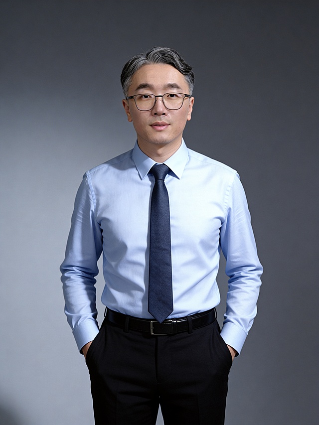 参考第一张图保留人物脸型､发型､年龄等特征生成职场形象照,参考第二张图人物占位和比例,标准焦段50mm,F/4光圈(F/2.8-F/4区间),平视视角(镜头与人物视线齐平);人物占画面70%,人物居中(居中构图),位于画面中心,为视觉聚焦点,入境范围头部及以下至臀部下方10cm(半身像);左右留少量背景空间;头部与画面顶部保留5%空间;头部发型完整,头肩比例协调;身穿浅蓝色高支精梳棉商务长袖衬衫(面料细腻带轻微柔光质感,垂坠感自然),搭配深蓝灰色纯色的领带(带低调缎面微微呈光泽感),黑色羊毛混纺西裤,黑色头层牛皮细皮带(宽度1.5cm),着装正式干练;正式严谨专业稳重,身形匀称,姿态端正｡呈正面双手插兜的站立姿态仅露出手腕部分),肢体自然,自信从容;发梢微微修整干练大气,主体锐利,影棚侧光布光(主光来自画面前方),明暗过渡柔和,背景光线均匀,强化色彩对比的高级感｡简约偏冷调中深灰度纯色背景(呈现均匀柔和质感),极简干净;32K画质超高分辨率､细节清晰,现代精致感风格;肤质精细化处理;眼神直视镜头,目光坚定且澄澈,表情自然.嘴角上扬;面部光比1:1.5,4800K中性光,微微修饰脸型,肤质哑光细腻,面部雾面柔光,轻透裸肌感,真实毛孔纹理,32K画质,去除人物之外的所有元素｡严格按照第一张图内容生成｡