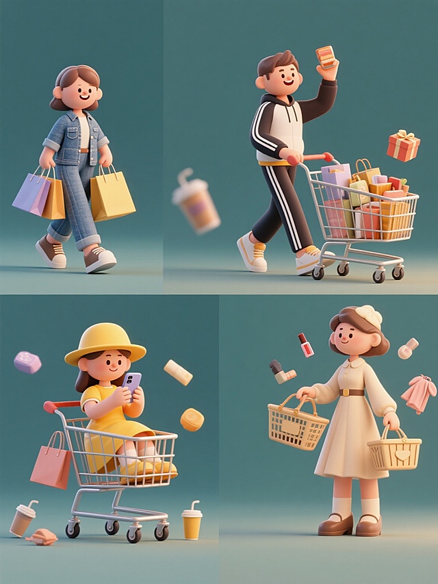 软3D风格插画，纯色背景，四位不同穿搭的购物人物系列素材集合，规整排布。每个角色均呈现圆润可爱的3D建模质感，光影柔和，边缘平滑，色彩鲜明且整体色调变换统一。第一位角色穿着黄色连衣裙与帽子，坐在购物车内手持手机，周围散落购物袋与饮品；第二位角色身着休闲牛仔套装，手提多个购物袋，面带微笑向前迈步；第三位角色穿着时尚运动服，单手推着满载商品的购物车，另一只手举起展示商品；第四位角色打扮成优雅淑女风，提着精致购物篮，身旁漂浮着化妆品与服饰礼盒。所有人物姿态生动活泼，购物元素丰富多样，整体构图平衡对称，画面充满欢快购物氛围，无任何文字、LOGO、电话地址及二维码。
