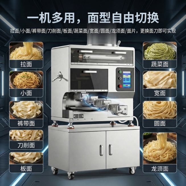1:1竖版电商主图，严格还原欧信智能面条机产品图，重点展示面刀更换结构，保持不锈钢机身与智能面板的所有细节。主标题：一机多用，面型自由切换，副标题：拉面/小面/裤带面/刀削面/板面/蔬菜面/宽面/圆面预览效果