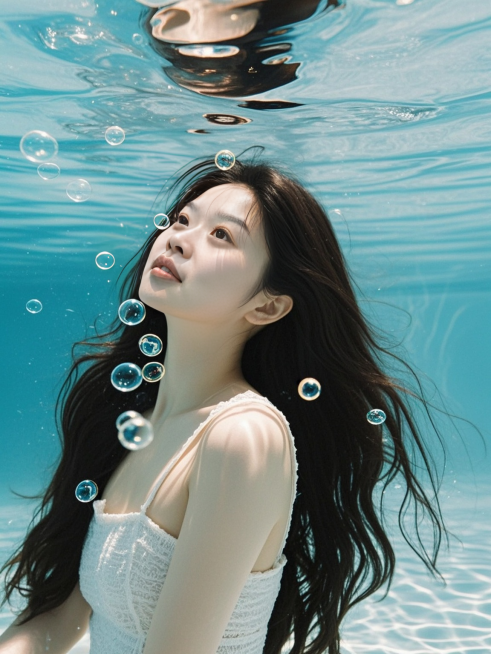 长发少女，水下写真，周围少量气泡装饰，正面视角，清透梦幻氛围，商业摄影预览效果