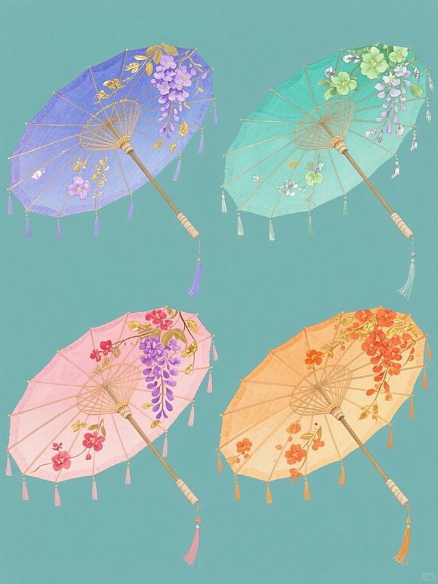 四个不同色彩款式的古风油纸伞系列集合，每个伞面均装饰着飘逸的紫藤花簇与金色点缀，伞骨与伞柄细节精致，伞面呈优雅弧形，流苏自然垂落，整体采用纯色系背景，分别为：1. 紫蓝色调搭配淡紫色花朵与金色装饰；2. 青绿色调搭配嫩绿色花朵与银色装饰；3. 桃粉色调搭配玫红色花朵与金色装饰；4. 橙黄色调搭配橙红色花朵与金色装饰，四种款式规整排布，保持一致的水彩质感与细腻笔触，风格统一，构图和谐，形成完整的系列感。