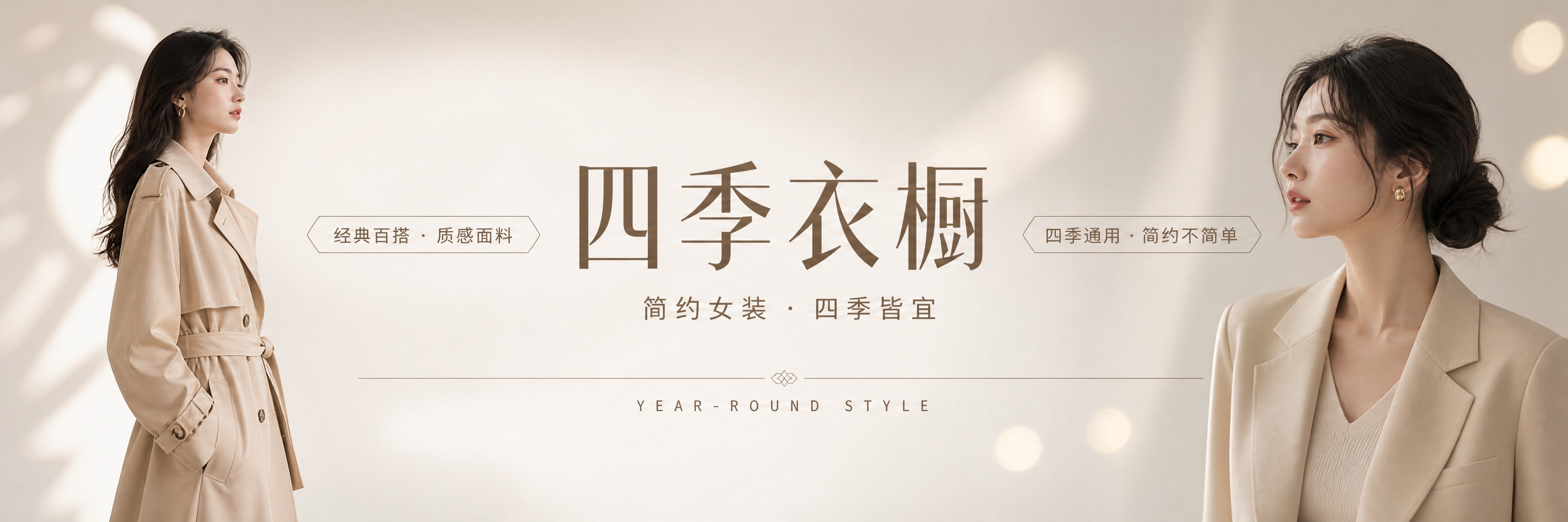女装服饰品牌灯箱海报，简洁大气风格，四季通用调性。超长超宽横版… - 图片创意预览