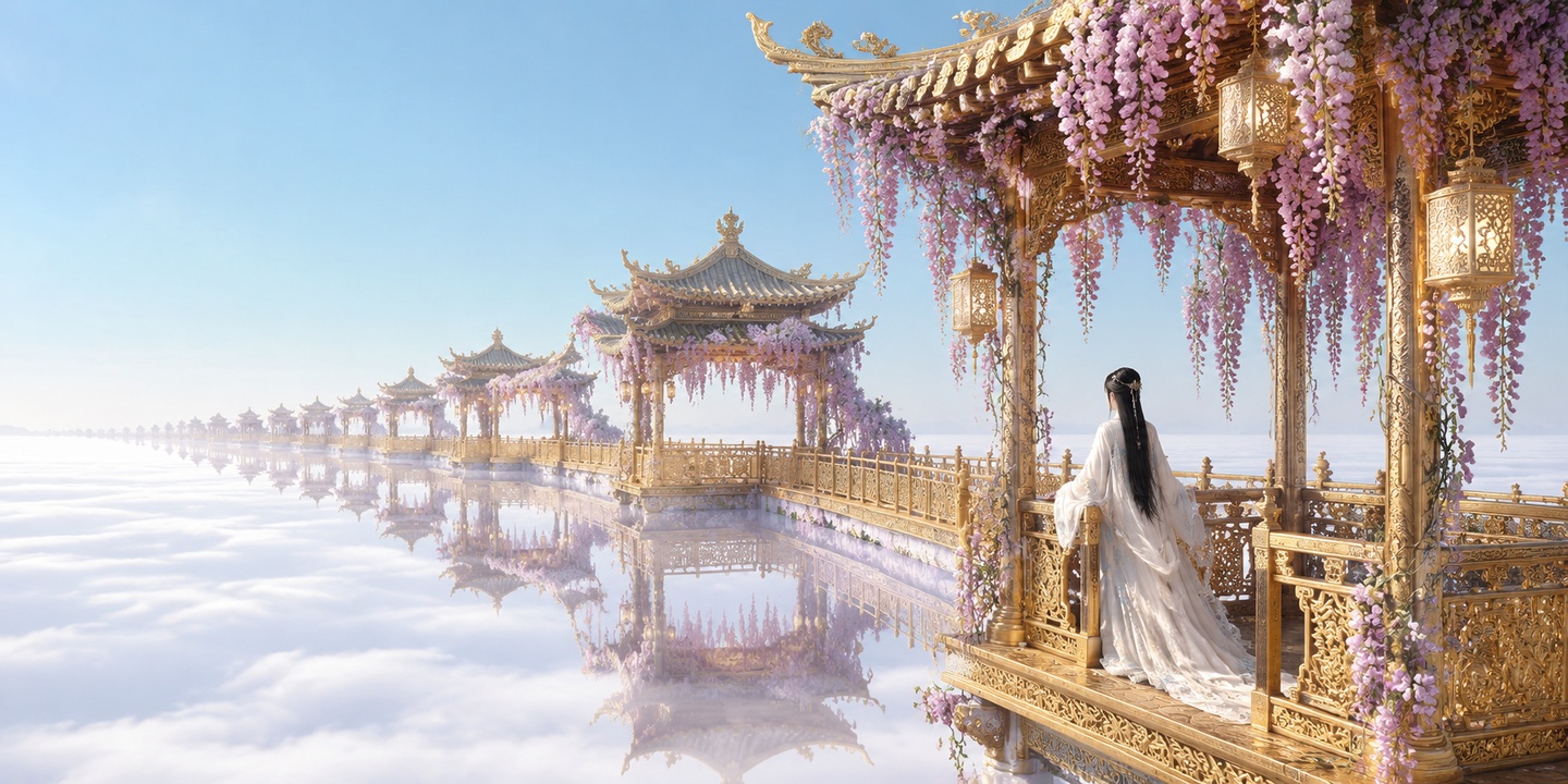 横向纵深广角构图，画面右侧前景是巨型鎏金雕花四方观景凉亭，立柱… - 图片创意预览