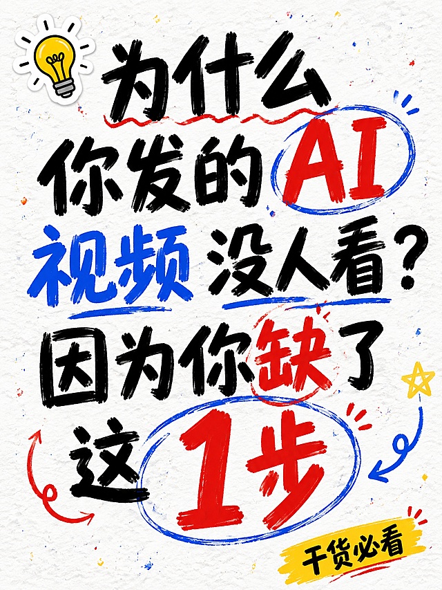 小红书笔记大字封面，纯大字，手写涂鸦风，版式精美，小红书笔记封面质感，适合信息流点击。主标题必须完整呈现且为画面视觉中心，逐字锁定：「为什么你发的AI视频没人看？因为你缺了这1步」。主标题字号占画面约 55% 视觉权重，清晰可读，不得增删改字。装饰短句/角标：「干货必看」。背景：白色底带轻微纸张肌理和零散彩色涂鸦小斑点。标题排版：采用纯大字 P12+P17 策略，潦草手写马克笔风格，彩色撞色（黑/红/蓝三色混搭），「1步」用大号数字加手绘圆圈强调，部分关键词加手绘圈点或下划线，非3D立体。装饰：1个灯泡emoji贴纸置于主标题左上角外侧；另加手绘弯曲箭头和不规则涂鸦线条、星号点缀，位置克制不抢主标题；禁止底部横排多个emoji。整体氛围：随性干货分享、避坑揭秘感、活人真实感。画质：高清细腻，信息层级清晰，主标题与背景强对比，文字完整处于安全区内不可裁切，四周留安全边距。画面比例 3:4，4K。