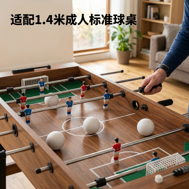 [主图主题] 桌上足球安装效果展示
[氛围/风格] 真实场景使用展示
[画面元素] 1.4米成人桌上足球台桌面局部，多个磨砂足球放置在球桌不同位置，还原真实游戏场景，人物手正在拨杆控球，场景真实自然，预览效果