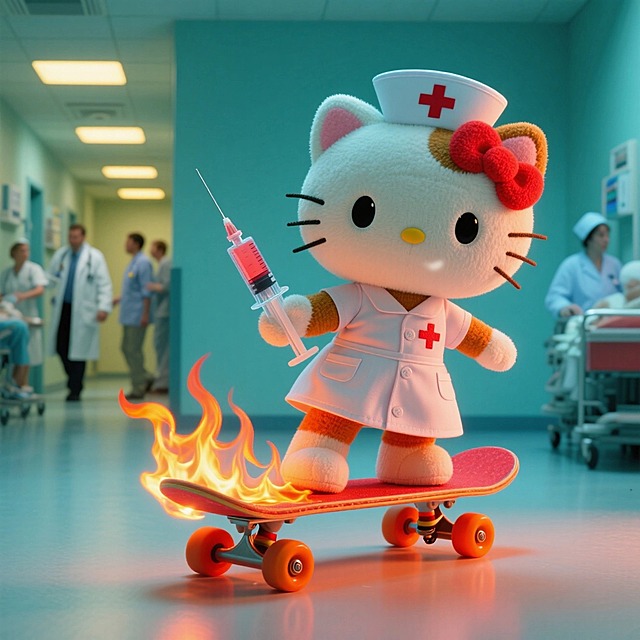 Kitty玩偶，护士穿搭，拿着针管在滑板上，滑板着火，背景是医院有很多人的走廊