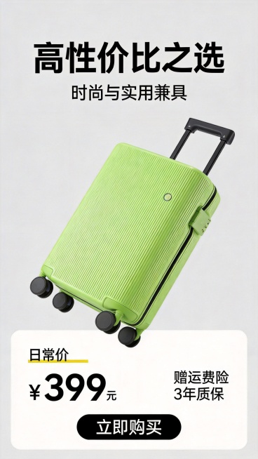 登机箱详情页第五屏，9:16竖版，清新果绿色调。顶部主文案“高性价比之选”，副标题“时尚与实用兼具”。画面中心展示果绿色登机箱，下方用醒目价格区域，标注“日常价“划线，凸显优惠价，旁边标注“赠运费险预览效果