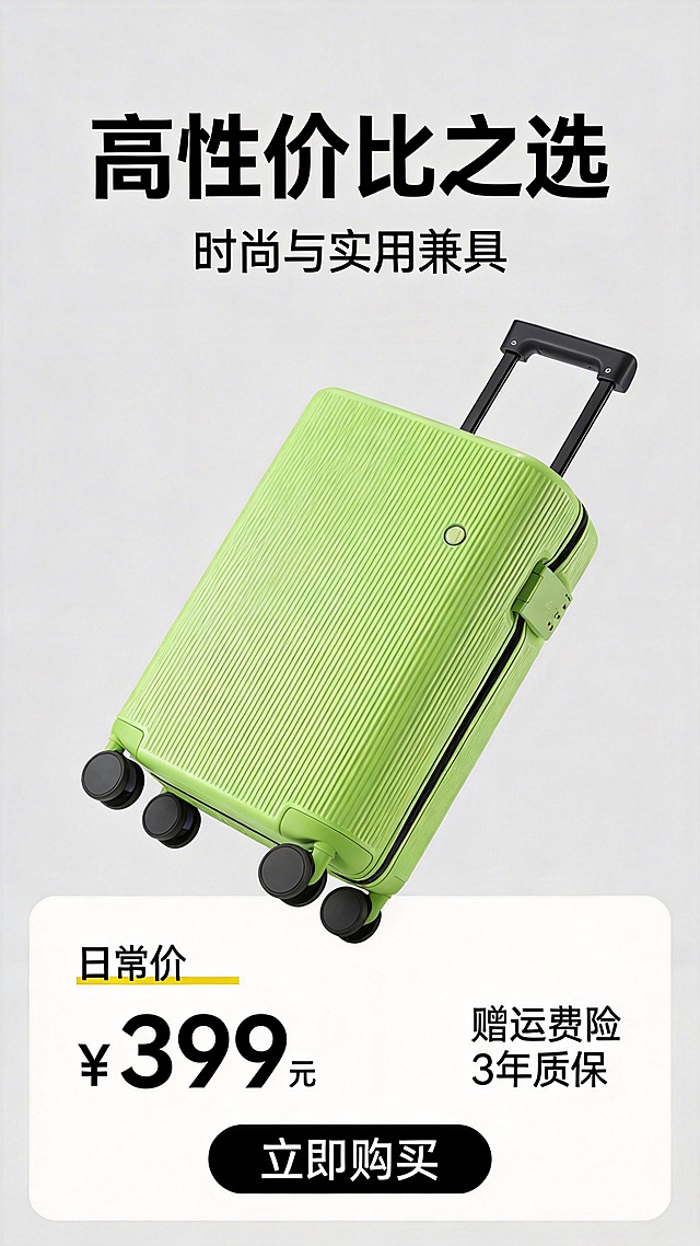 登机箱详情页第五屏，9:16竖版，清新果绿色调。顶部主文案“高性价比之选”，副标题“时尚与实用兼具”。画面中心展示果绿色登机箱，下方用醒目价格区域，标注“日常价“划线，凸显优惠价，旁边标注“赠运费险 3年质保”的服务承诺，背景是浅灰色，底部有“立即购买”的引导按钮，整体风格醒目清晰，产品突出。