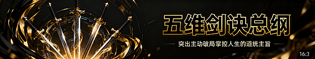 采用黑金色修仙科技风格，生成16:3尺寸的执剑者五维剑诀总纲详情图，画面左侧呈现五柄神剑环绕的抽象视觉，右侧排版五维剑诀总纲的核心文字内容，突出主动破局掌控人生的道统主旨，风格冷峻大气