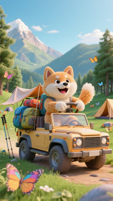 一只柴犬兴奋地驾驶，满是动感；车上堆满露营装备、登山包，背景是晴空山峦，草地。两侧树林，点缀散落的帐篷、登山杖，彩色蝴蝶预览效果