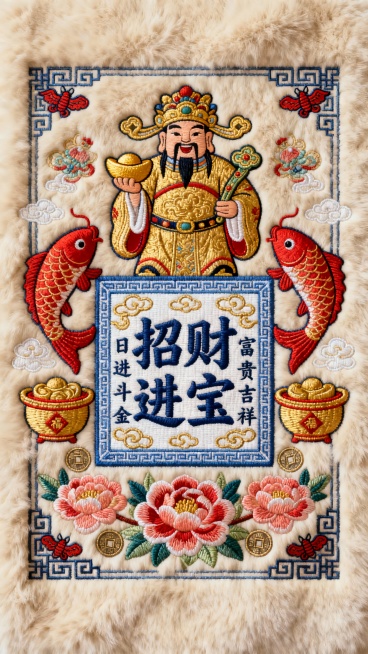 浅米色毛绒质感背景，采用繁复精美的彩色刺绣工艺，中心是蓝底白边的方形绣框，框内绣有深蓝色"招财进宝"四个大字，周围环绕着金色祥云纹样和"日进斗金""富贵吉祥"等祝福语的细密刺绣文字。上方绣有威武的金色财神爷形象，手持金元宝和如意，两侧对称绣着红色鲤鱼和金色聚宝盆，底部是盛开的牡丹和铜钱纹样，四角装饰着传统回纹和蝙蝠图案（寓意福到），整体色彩鲜艳明快，刺绣线条饱满立体，充满浓郁的传统节庆氛围和招……预览效果