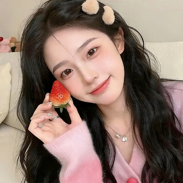 参考提供图片，保持相同动作：歪头，手拿着草莓靠在脸颊，生成另一张全新不同长发美女的正方形头像，高清晰，精致五官，甜妹妆容，黑色长卷发，粉色毛衣居家场景，人物和参考图中的人完全不同