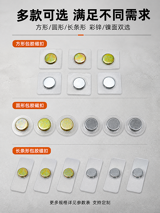 [详情页-第2张 产品展示] PVC包胶隐形磁扣 多款式多角度陈列展示。
[商品] 使用【图1】【图2】【图3】【图4】PVC包胶隐形磁扣；保留方形包胶/圆形包胶、彩锌金色/镀锌银色磁面、透明PVC防滑纹理、金属磁体结构；精修金属表面和PVC边缘。
[画面] 目标：全面展示产品款式和外观，让买家看清所有可选类型。构图：上下分区，上部约30%标题区，下部约70%产品陈列区；45度俯视，产品分三组整齐排列：第一组方形包胶款（金色+银色各3颗并排），第二组圆形包胶款（金色+银色各3颗并排），第三组长条形包胶款展示；每组之间有间距，排列规整；主体占画面约55%；浅灰工业台面背景。
[视觉] 套系策略：风格=1688 B端工业工厂风，简洁专业；标题字=粗黑体；正文字=常规黑体；主色=深灰+浅灰工业色系；背景延展=浅灰渐变+工业台面纹理；强调色=深橙色，仅用于标签和分类标题；标题色=黑色；正文色=深灰色；组件=圆角分类标签、细线分隔；光影=影棚均匀柔光，金属高光清晰。
[文字] 顶部居中主标题："多款可选 满足不同需求"；下方一行副标题："方形/圆形/长条形 彩锌/镍面双选"；产品陈列区每组上方有深橙色圆角标签标注款式名称："方形包胶磁扣""圆形包胶磁扣""长条形包胶磁扣"；底部一行小字："更多规格详见参数表 支持定制"。
[规格] 图片比例3:4竖版，2K，避免变形、错字、文字过小、极限词、二维码、平台Logo、产品排列混乱。