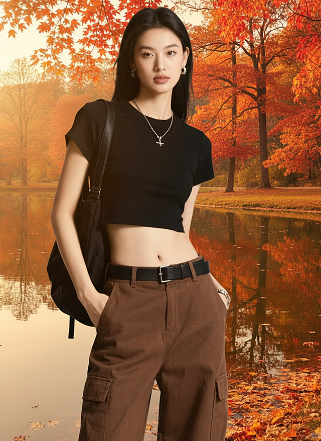 秋日氛围中，模特身着简约黑T与棕色工装裤，搭配自然光影与湖面倒影，展现都市休闲风与静谧感，融合时尚感与文艺气息。