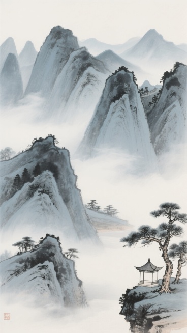 中国传统水墨山水画风格，以淡墨和浓墨交织的笔触描绘层叠山峦，山峰轮廓清晰而富有韵律感，山间云雾缭绕，呈现出朦胧空灵的意境，整体色调以青灰色为主，营造出宁静悠远的氛围，右下角点缀几棵苍劲的松树和一座古朴的小亭，构图遵循中国传统山水画的散点透视原则，留白恰到好处，尽显中式山水的雅致韵味与禅意。预览效果