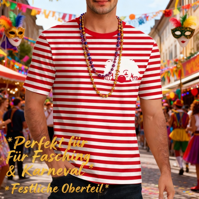 1.Amazon A+ Hauptbild für Herren Karneval Ringelshirt, Frontansicht des roten-weißen gestreiften T-S预览效果