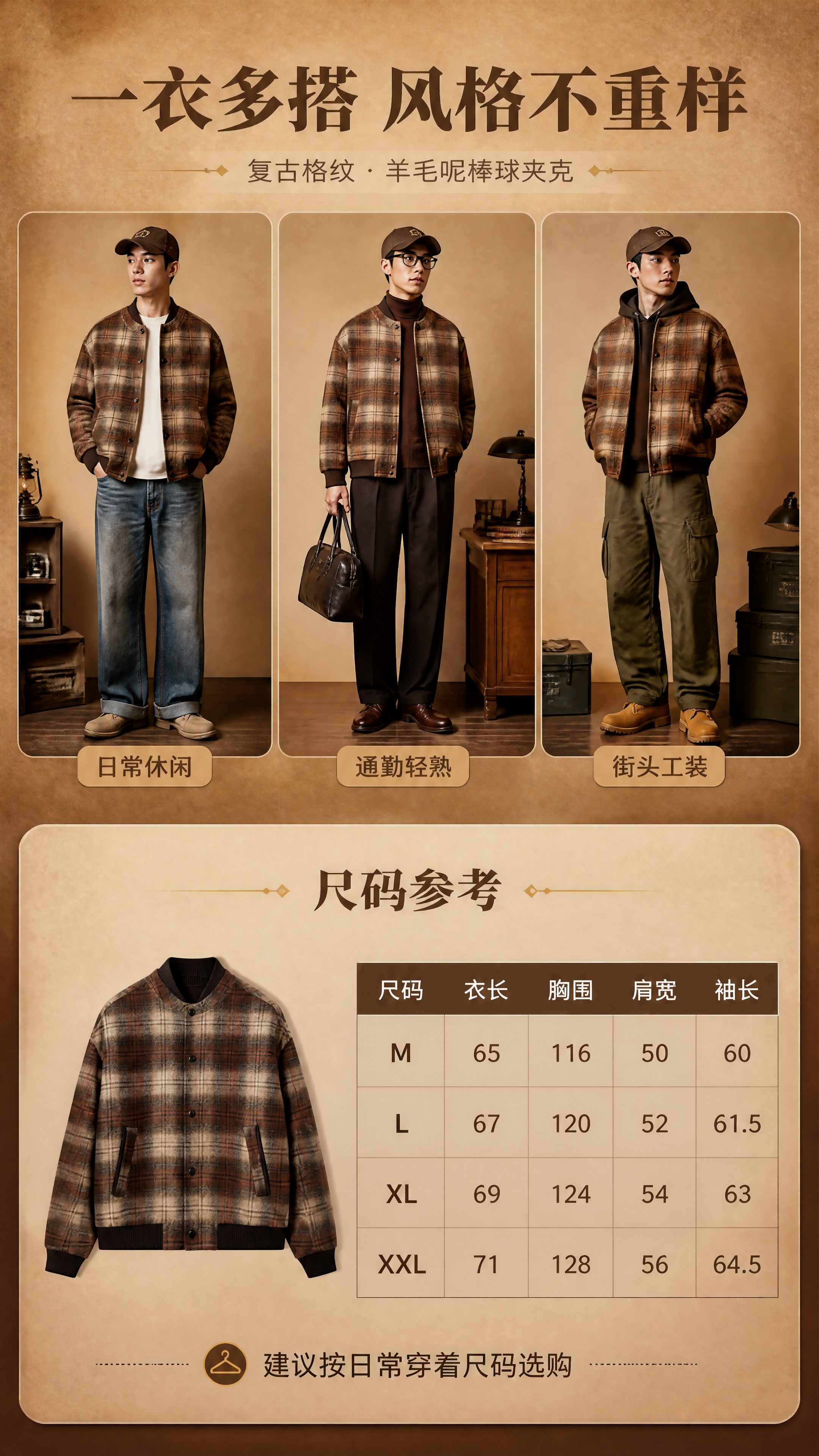 [商品] 使用【图1】棕咖色复古格纹羊毛呢棒球夹克；商品处理：… - 图片创意预览