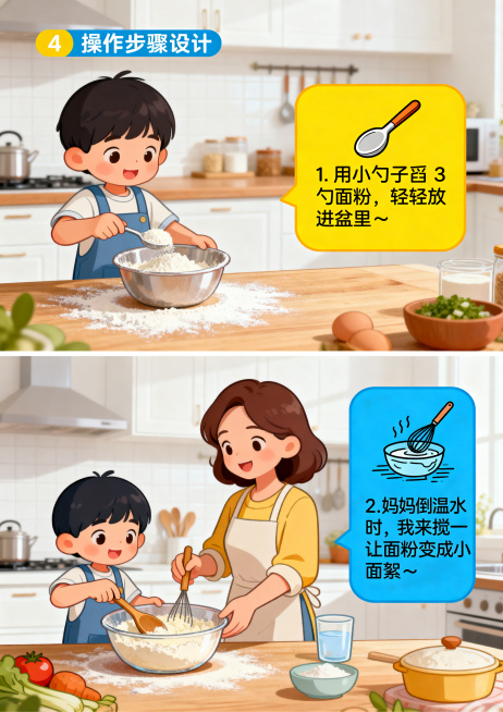 和封面相同活泼圆润童趣风格，A4尺寸适合打印，暖白色厨房背景，设计操作步骤页上半部分，分两步展示。第一步：左侧画小朋友用小勺子舀面粉倒进小盆，台面撒出一点点面粉，右侧黄色文字框配小勺子图标写“1. 用预览效果