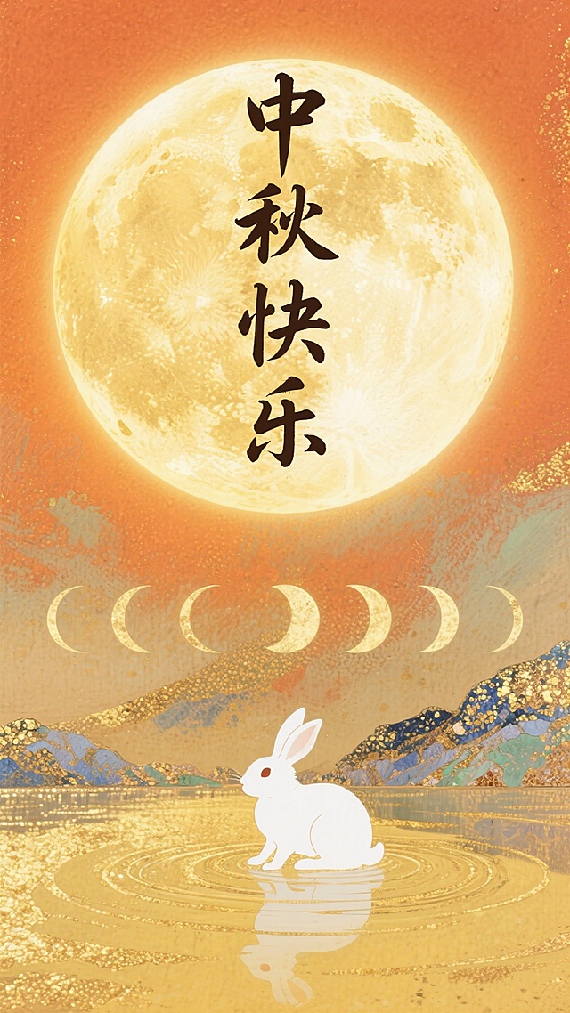 工笔风融合岩彩与鎏金技法，月华如练，玉兔静立水波之上，古典意境中透出梦幻唯美的中秋静谧。