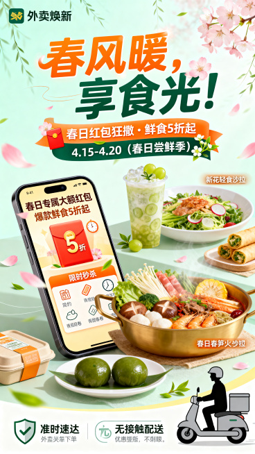 设计一张竖版外卖焕新狂欢主题海报，主题为"春意食刻"，融合春日清新氛围感、美食鲜嫩诱惑力、外卖下单便捷感、大促抢购热烈感。色调：主色浅薄荷绿、鹅黄、淡粉春日生机色，辅助色暖橙、米白，整体柔和清新不刺眼预览效果