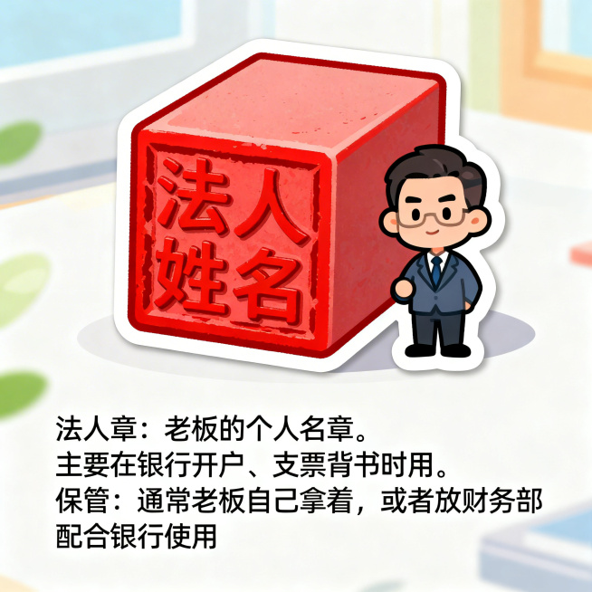 卡通风格插图贴纸：法人章，一个方形红色印章，上面刻有法人姓名，旁边有老板形象图案，文字说明'法人章：老板的个人名章。主要在银行开户、支票背书时用。保管：通常老板自己拿着，或者放财务部配合银行使用'，背预览效果