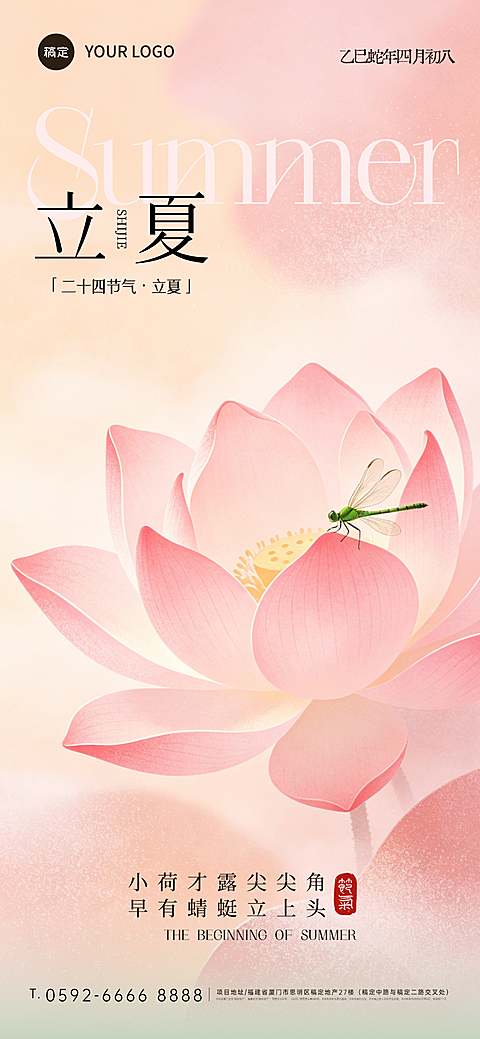 立夏国风荷花水珠近景背景全屏手机海报