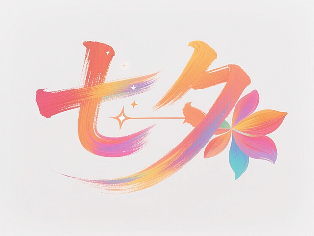 梦幻插画风，大字“七夕”闪耀星光，色彩斑斓，浪漫节日氛围。