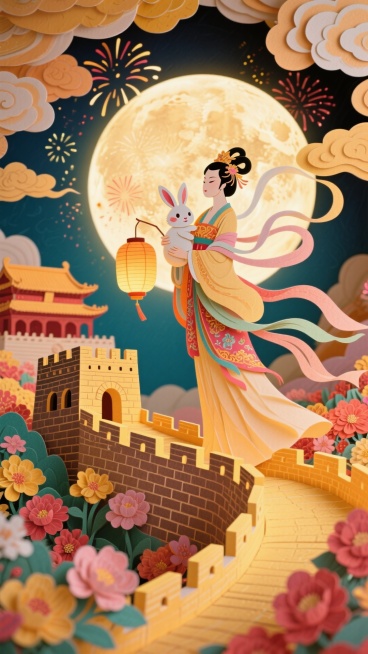 全景构图，近景是长城，背景特色建筑，花团锦簇，欢度国庆，喜庆，背景是嫦娥抱着玉兔站立俯瞰，嫦娥的衣服是华丽，仙气飘飘的，兔子提着中秋的灯笼，在嫦娥身后是满月和烟花，画面四周祥云环绕，画面呈现暖色调预览效果