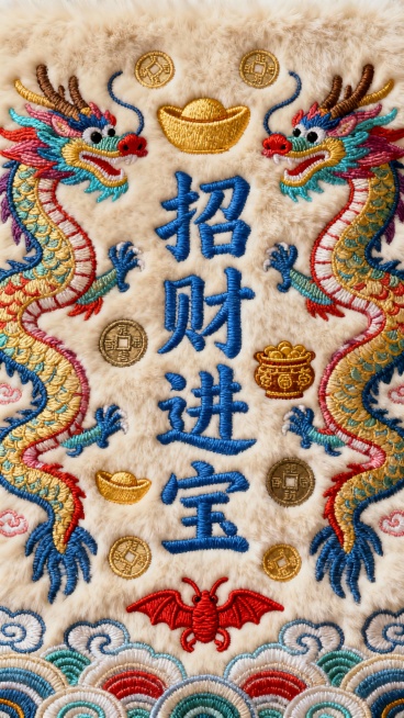 毛绒质感背景，浅米色底色，整体采用彩色刺绣风格，中心为蓝色“招财进宝”四字，周围环绕传统吉祥图案，包括金元宝、铜钱、聚宝盆等发财元素，两侧有对称的彩色祥龙，底部装饰祥云纹和红色蝙蝠（寓意福到），整体构图对称饱满，色彩鲜艳和谐，营造出喜庆、富贵的发财氛围，细节丰富，刺绣纹理清晰，具有浓厚的传统节日装饰感。预览效果