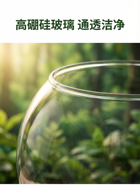 [主图 3] 细节展示-高透玻璃材质。
[氛围风格] 森林卡通，温馨治愈童话风，真实质感；
[画质] 商业摄影质感、光线柔和通透、产品清晰真实、画面干净高级。
[元素] 对透明球形鱼缸局部进行极致微距预览效果