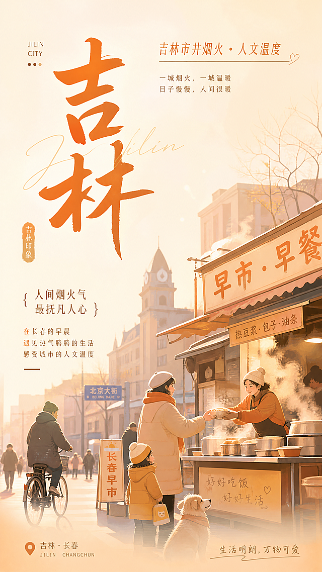 治愈温暖新媒体海报，主题为吉林市井烟火・人文温度，体现吉林城市温柔人文魅力，包含醒目的"吉林"二字。吉林省市井烟火气息，融合长春早市、东北街头温暖生活场景，暖橙奶白渐变主色调，极简插画质感，温柔治愈，年轻化清新设计，氛围感松弛温暖，光影柔和，干净高级，简约不杂乱，符合新媒体潮流审美
