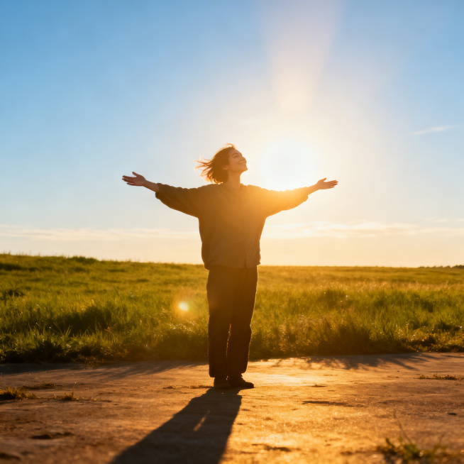 画面主体是一个人站在开阔的户外，面向温暖的金色阳光，双臂完全向两侧张开，脸上带着放松愉悦的笑容，发丝被微风轻轻吹动，周围是绿油油的草地和澄澈的蓝天，阳光从斜上方洒落，在地面投下柔和的影子，整体氛围温暖预览效果