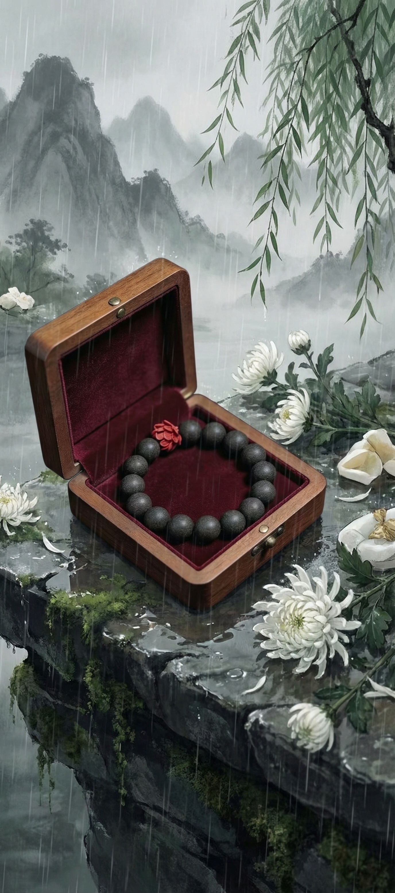 保留原手串产品，将背景结合清明节主题，更换为带有清明元素的肃穆… - 图片创意预览