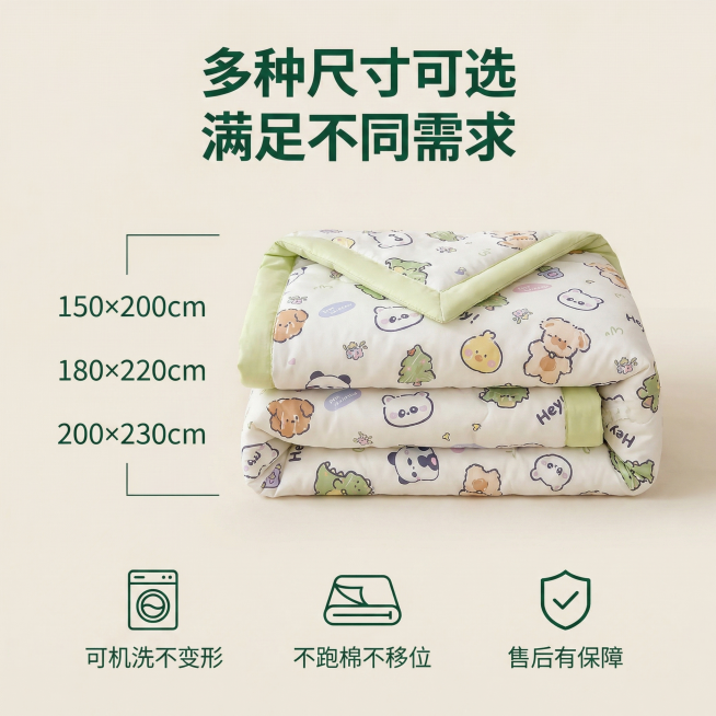 [主图 5] 夏凉被尺寸规格与服务展示
[氛围/风格] 清新童趣温馨风，整体风格统一。
[画面元素] 商业摄影质感、光线柔和通透、产品清晰真实、画面干净高级。夏凉被自然折叠堆叠，放在浅色干净背景上，展预览效果