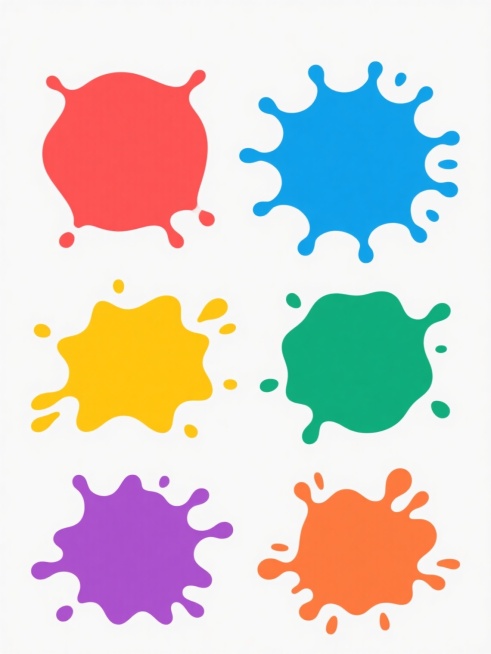 一组六个完全不同造型的泼墨元素系列素材集合，每个泼墨均保持简约扁平的数字插画风格，以纯红色、纯蓝色、纯黄色、纯绿色、纯紫色和纯橙色呈现，形态各异的不规则泼溅形状，带有自然的滴落和飞溅细节，整体排布规整，背景为纯白色，无任何文字和额外元素。预览效果