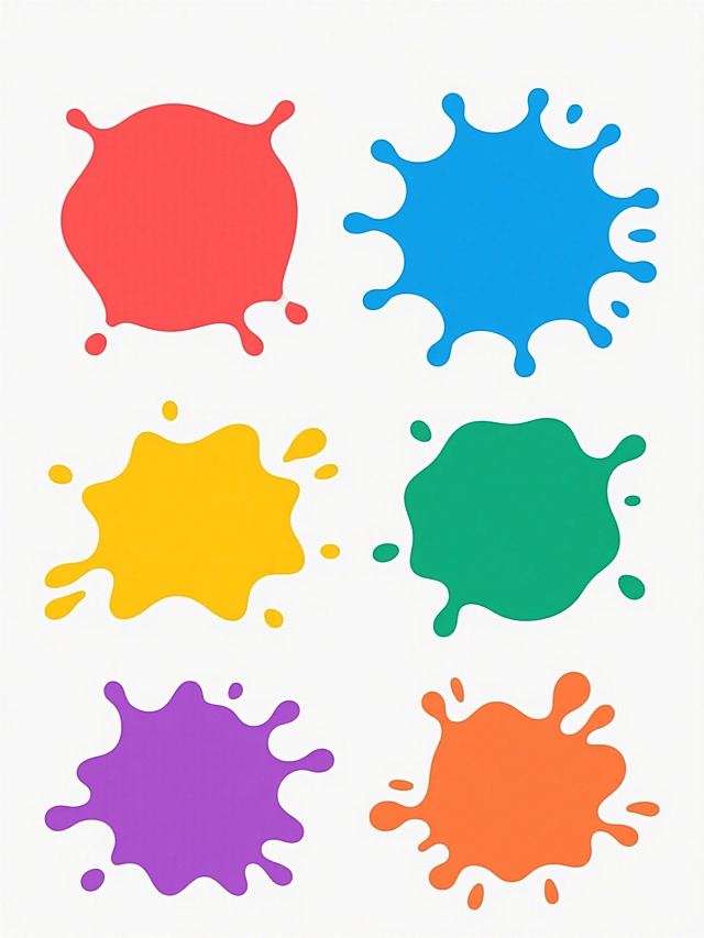 一组六个完全不同造型的泼墨元素系列素材集合，每个泼墨均保持简约扁平的数字插画风格，以纯红色、纯蓝色、纯黄色、纯绿色、纯紫色和纯橙色呈现，形态各异的不规则泼溅形状，带有自然的滴落和飞溅细节，整体排布规整，背景为纯白色，无任何文字和额外元素。