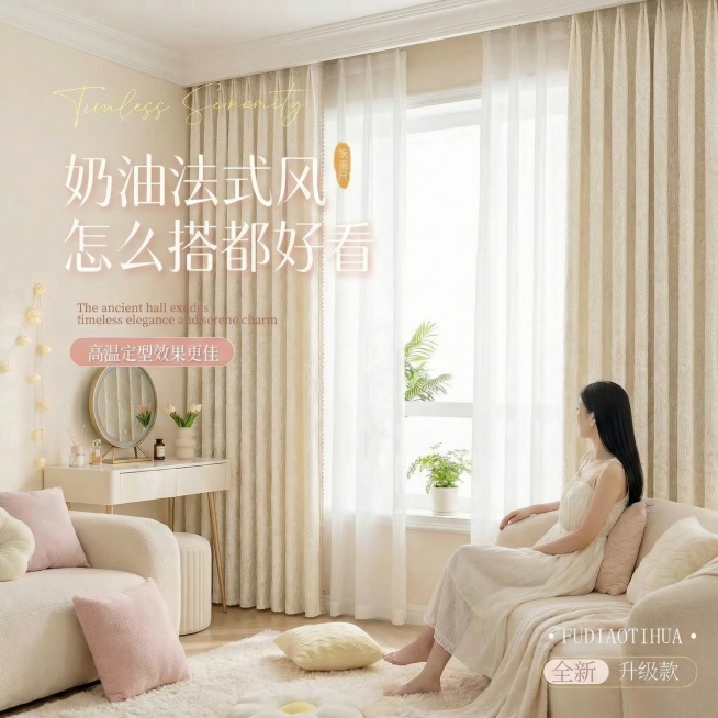 不改变原来的纹路，把窗帘的颜色改成奶油白色，也不要改变花边的颜色细节，可以适当调整文字内容预览效果