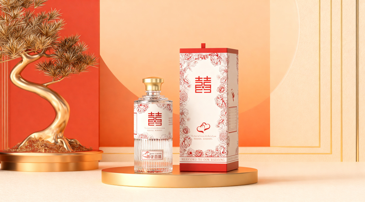 新中式风格喜酒瓶和酒盒包装，透明玻璃酒瓶搭配金色瓶盖，带有红色喜字花纹的白色酒盒，参考原图的新中式红白金配色风格，只保留酒瓶和酒盒，保持产品物理结构不变，不扭曲变形，放置在金色金属展示台，背景是暖橙色预览效果