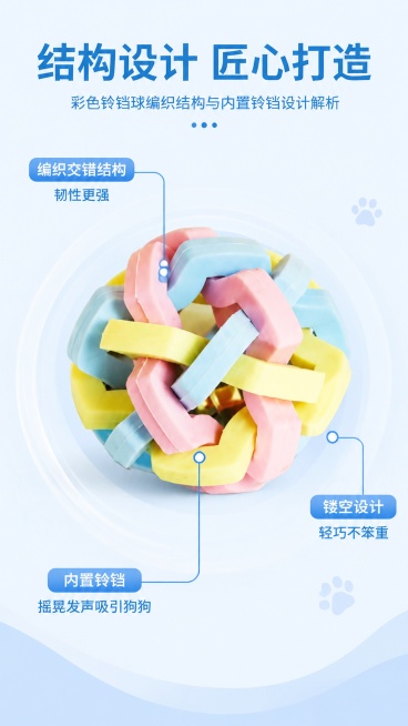 [第3屏] 结构解析-彩色铃铛球编织结构与内置铃铛设计解析。本屏使用【图1】作为商品主体。
[氛围/风格] 细节说明风，浅蓝调清新质感，清晰展示产品结构。
[元素布局] 产品主体占画面中心约70%，三预览效果
