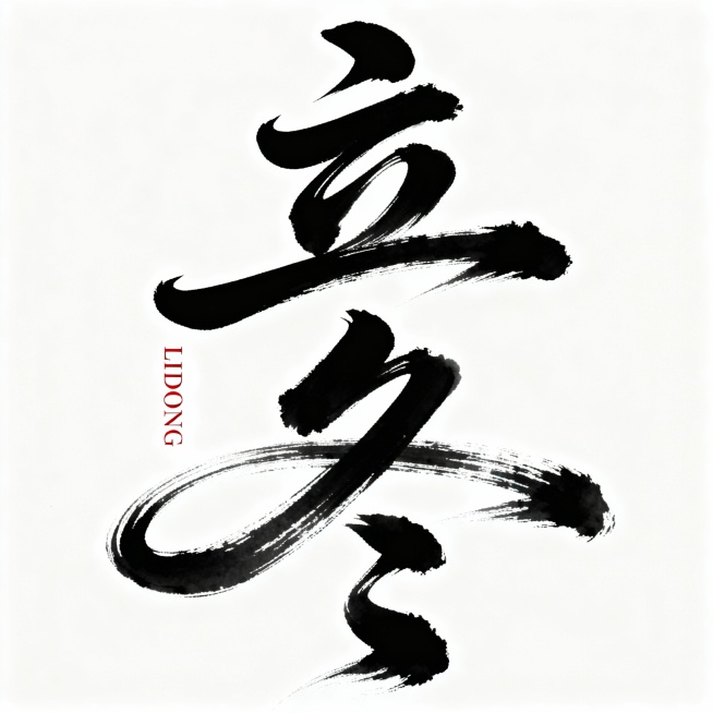 中国书法艺术作品，单字"立冬"以流畅飘逸的行草笔法书写，墨色浓黑饱满，笔触富有变化，飞白自然，展现出毛笔书写的韵味和力度，白色背景简洁干净，左侧有竖排红色小字"LIDONG"，整体呈现出传统东方美学的意境和书法艺术的灵动气质。预览效果