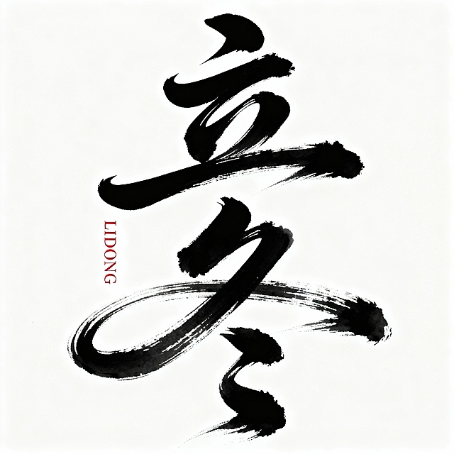 中国书法艺术作品，单字"立冬"以流畅飘逸的行草笔法书写，墨色浓黑饱满，笔触富有变化，飞白自然，展现出毛笔书写的韵味和力度，白色背景简洁干净，左侧有竖排红色小字"LIDONG"，整体呈现出传统东方美学的意境和书法艺术的灵动气质。