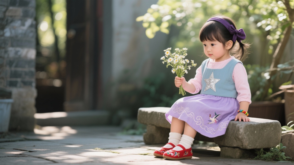 4岁女孩星语，瓜子脸杏仁眼，浅色明亮眼睛，长睫毛，双发包头深紫色蝴蝶结发带，淡粉色上衣银色星星刺绣，浅紫色裙子云纹绣花，天青色小坎肩，红色绣花鞋喜鹊图案，彩色草绳手链，白皙皮肤，娇小身材，坐在院子石凳预览效果