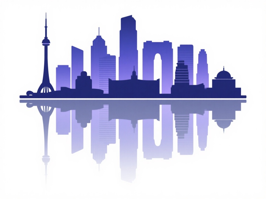 城市地标剪影风格插画，以深蓝色到紫色的渐变色调为主，展现不同城市的标志性建筑群轮廓，高楼大厦与特色建筑排列有序，整体构图对称平衡，下方配有清晰完整的水面倒影，线条简洁流畅，无内部细节填充，背景为纯白色，呈现出简洁现代的设计感。预览效果