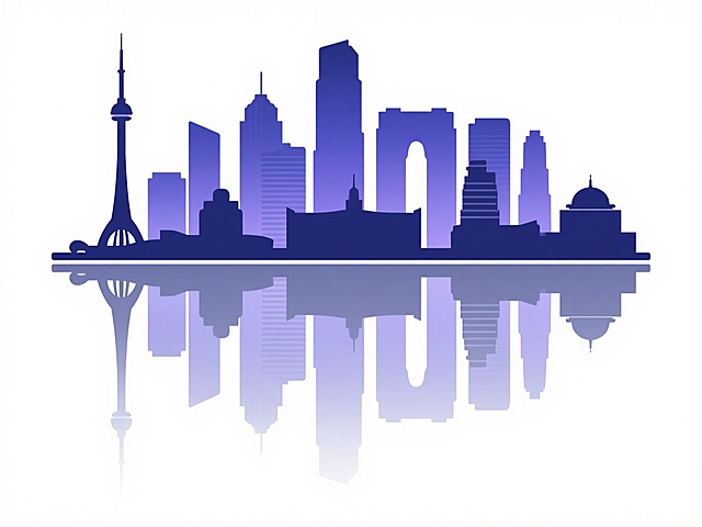 城市地标剪影风格插画，以深蓝色到紫色的渐变色调为主，展现不同城市的标志性建筑群轮廓，高楼大厦与特色建筑排列有序，整体构图对称平衡，下方配有清晰完整的水面倒影，线条简洁流畅，无内部细节填充，背景为纯白色，呈现出简洁现代的设计感。