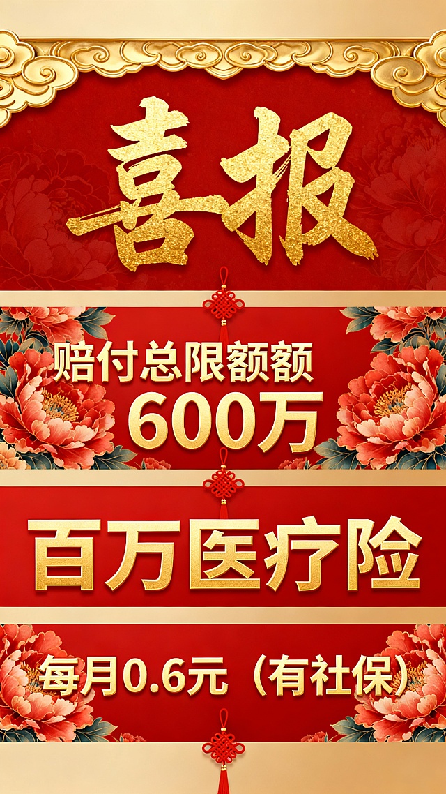 生成十张中国传统节日喜庆风格宣传海报，采用上中下三段式经典版式，最上方用书法大字写着“喜报”，占比约图片1/3，中间文字写着“赔付总限额600万”、“百万医疗险”、下方“每月0.6元（有社保）”，海报整体采用层级化排版，主标题放大醒目，辅助信息有序排列，整体版式平衡稳定，信息传达层次分明，比例 「9:16」