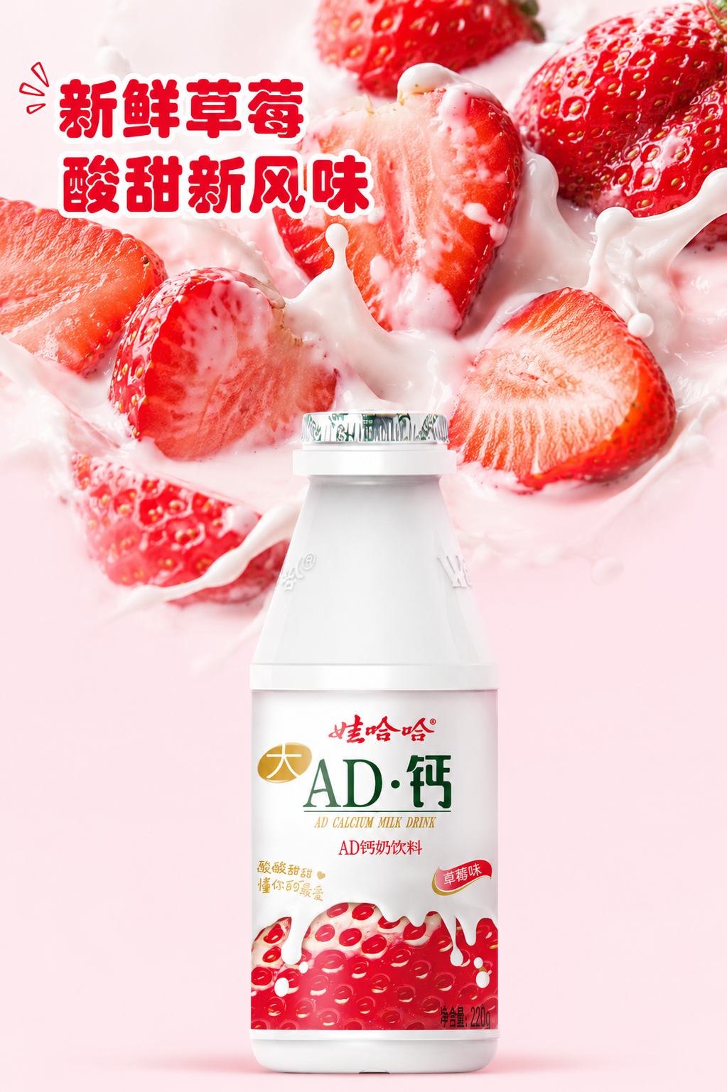 [第5屏] 娃哈哈AD钙奶草莓特色展示，新鲜草莓果肉搭配AD钙… - 图片创意预览